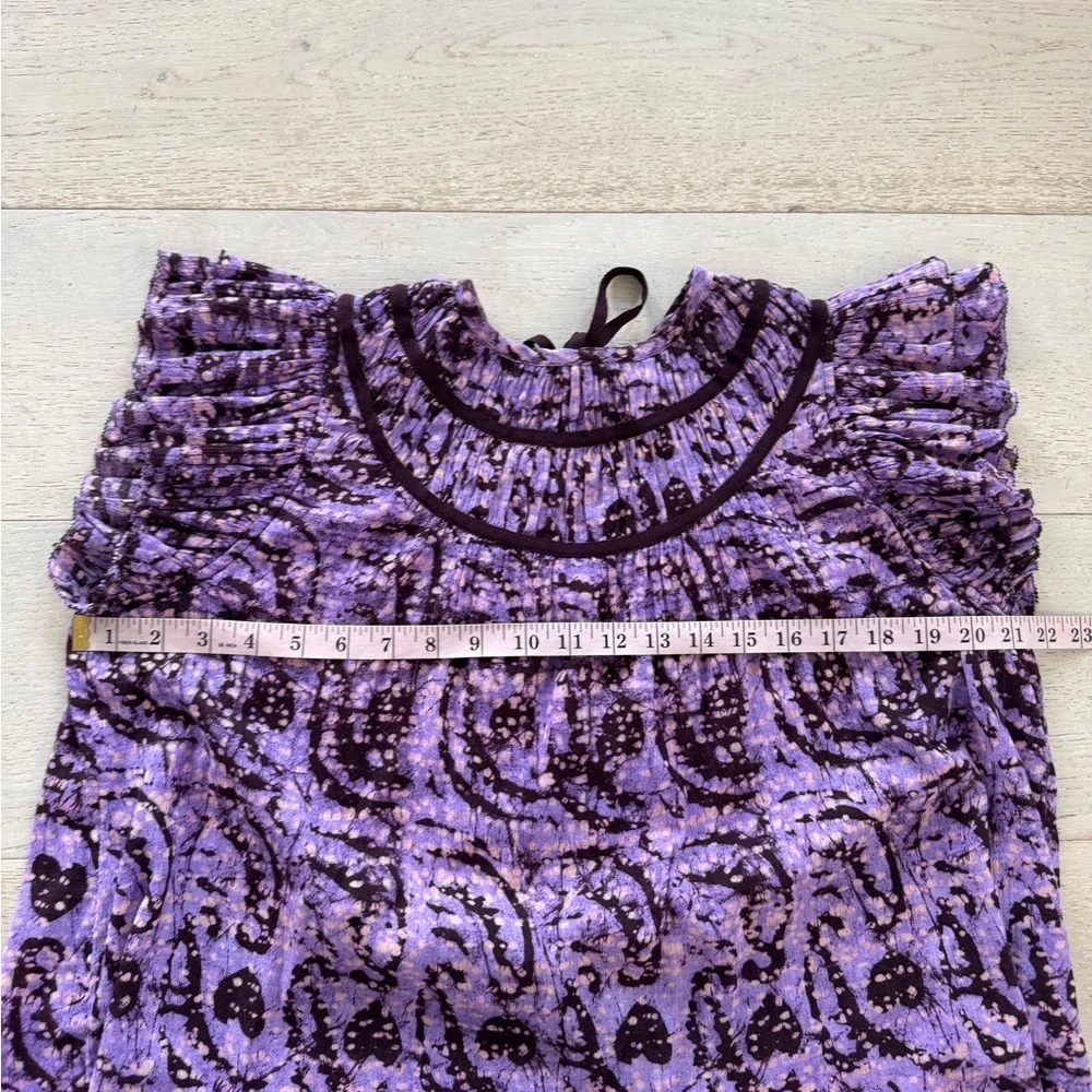 ULLA JOHNSON Amai Blouse Purple Batik Top Size 4 Small Flutter Sleeve Boxy - Picture 9 of 11